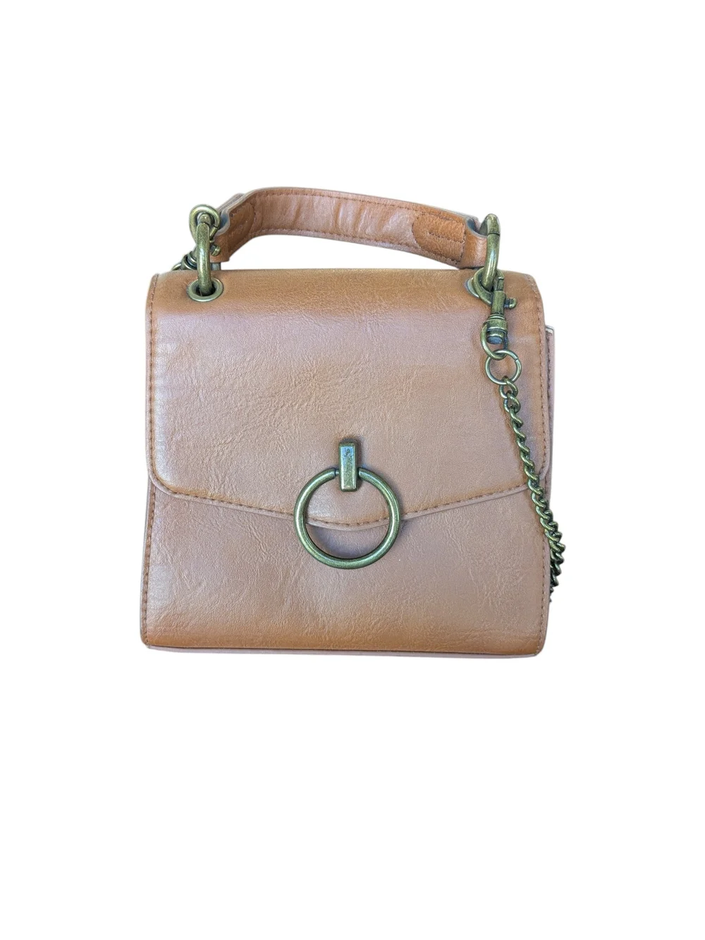 Brown Faux Leather Top-Handle Crossbody Bag with Ring Accent